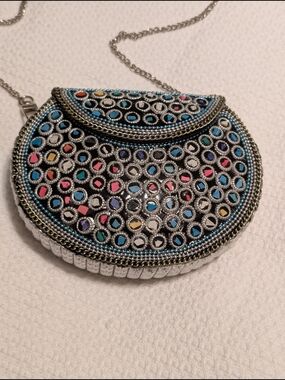 RAMLA Multicolor Beaded Crescent Clutch with Silver Chain